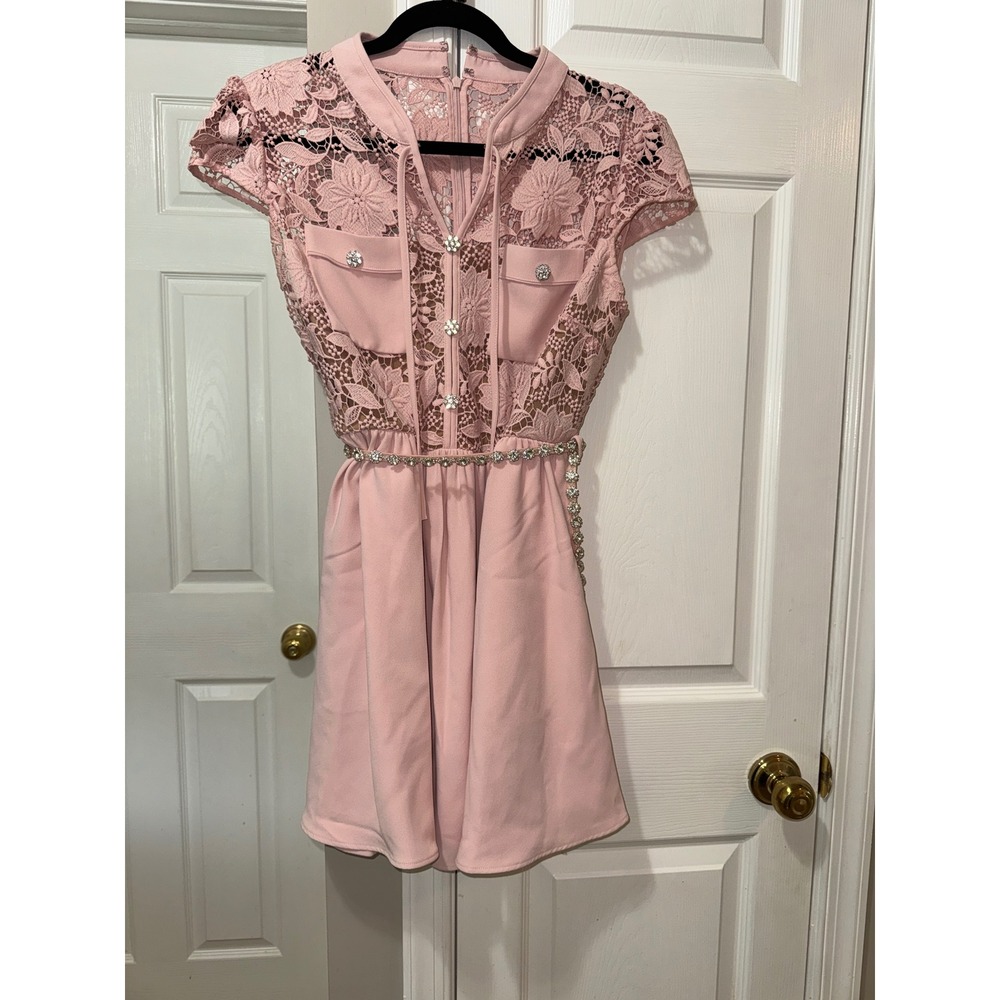 Self-Portrait Pink Lace Crystal Button Mini Dress US 10 UK 14 - Picture 4 of 9